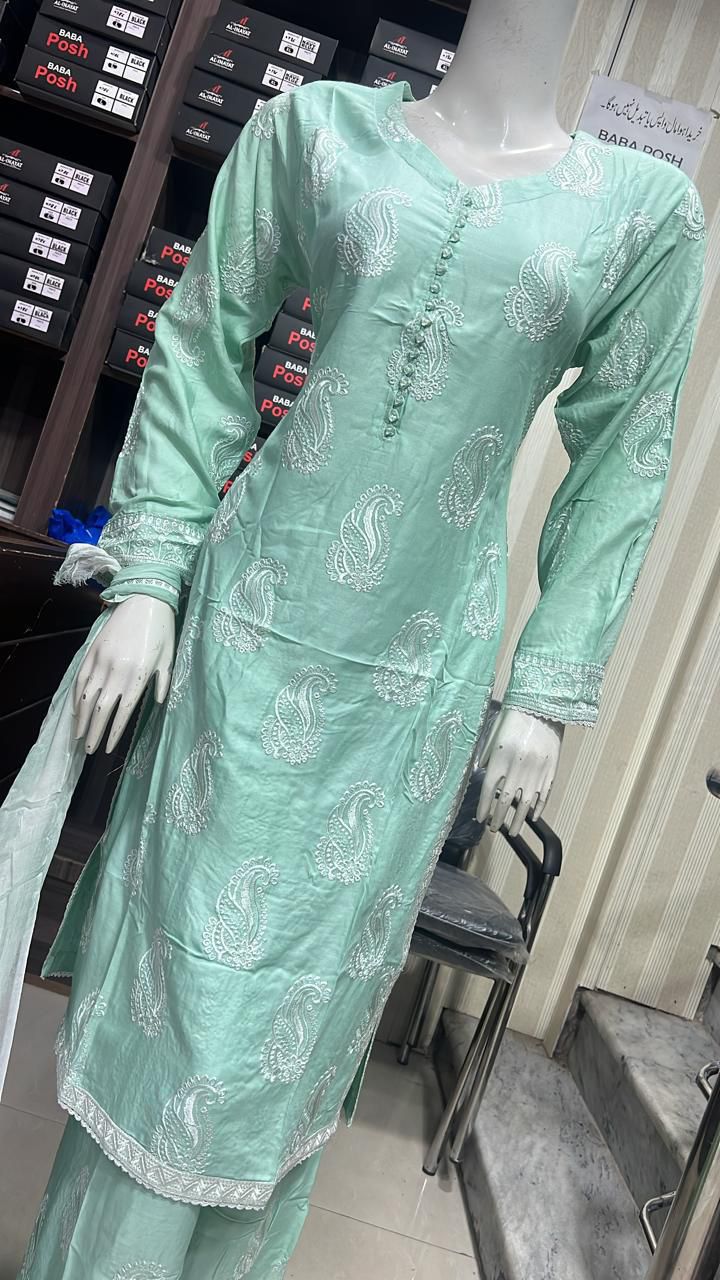 Embroidered Linen Plazo Kameez Dress & Chiffon Dupatta UMNAA