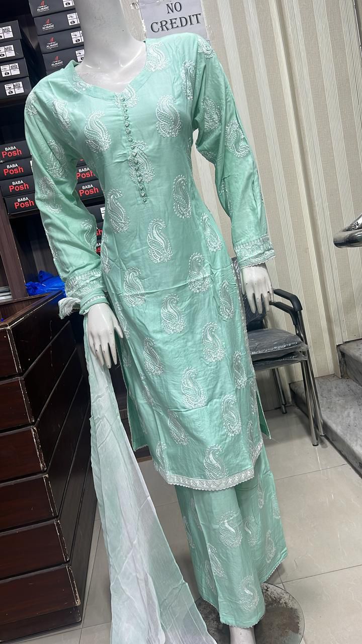 Embroidered Linen Plazo Kameez Dress & Chiffon Dupatta UMNAA
