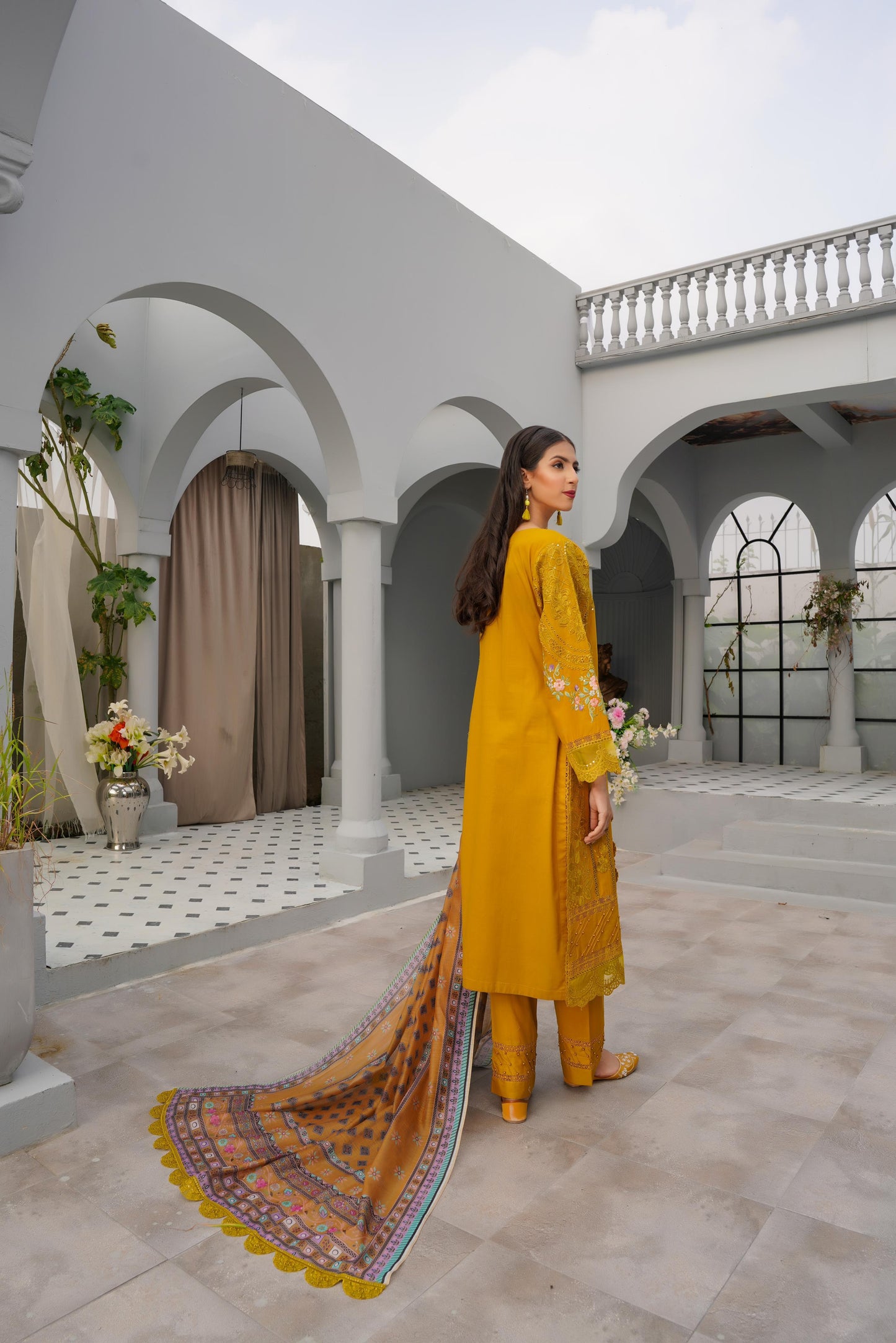 (Mustard) Heavy Embroidered Cotton Linen Ready to Wear Dress - MUNIRA