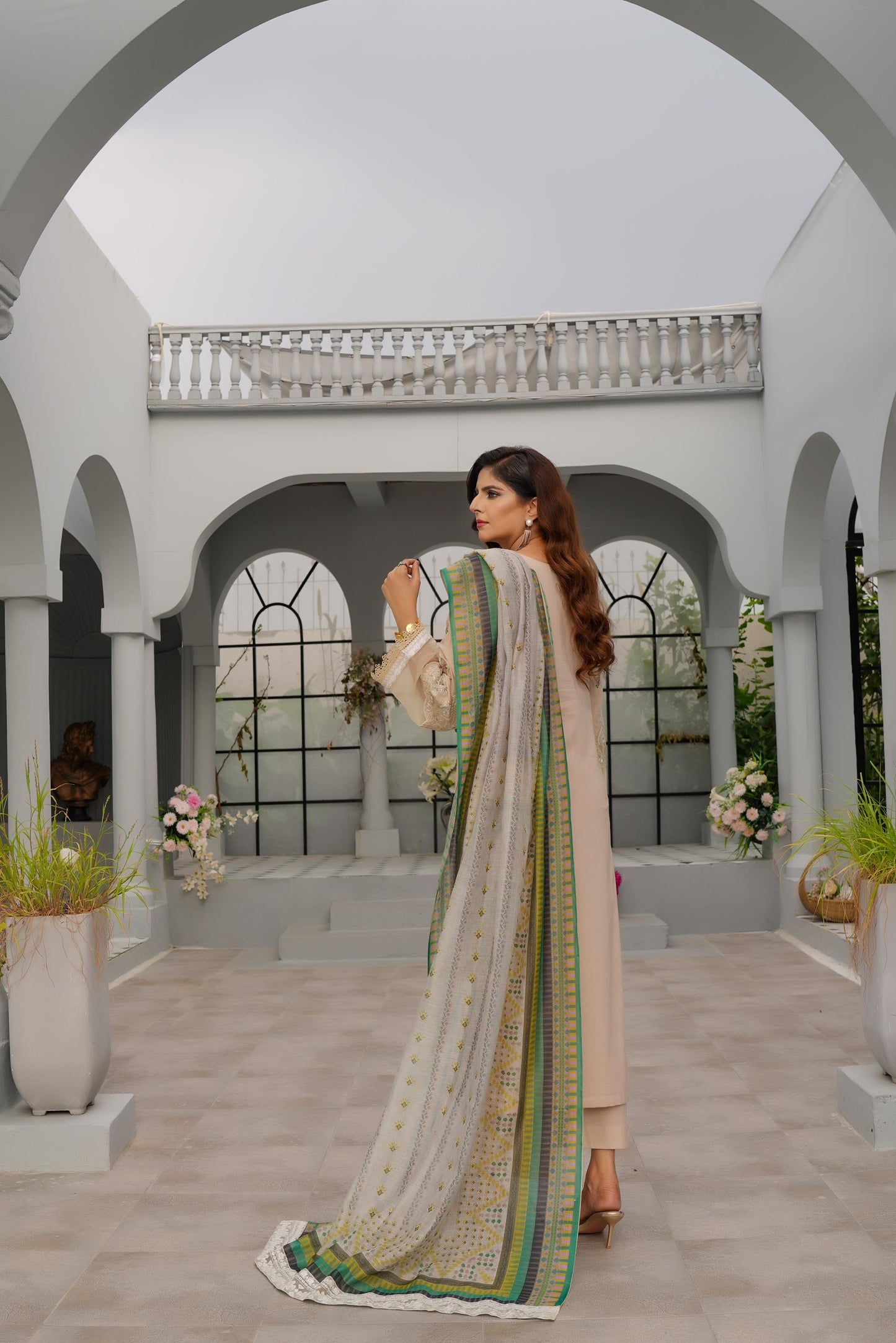 (Ivory) Heavy Embroidered Cotton Linen Ready to Wear Dress - MUNIRA