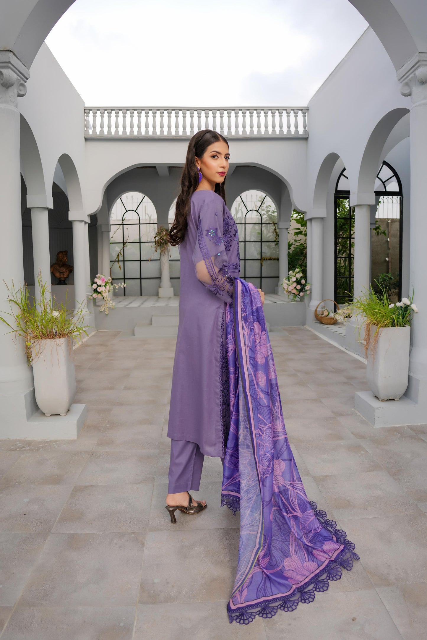 (Lavender) Heavy Embroidered Cotton Linen Ready to Wear Dress - MUNIRA