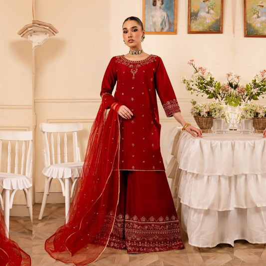 UA-70 (Maroon) 3 Pc Embroidered Cambric Cotton Collection | Ready to Wear | UMNAA