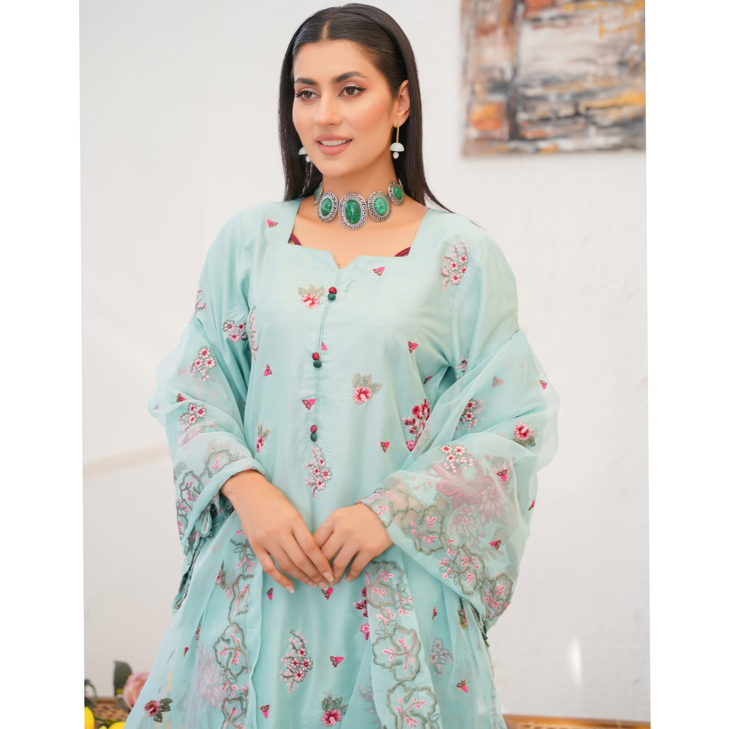UA-76 (Sea Green) Embroidered Linen 3 Pc Pakistani Dress | Ready to wear | UMNAA