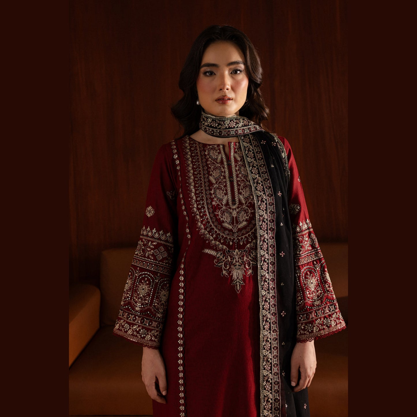 (Maroon) 3 Pc Embroidered Cambric Cotton Collection | Ready to Wear | UMNAA