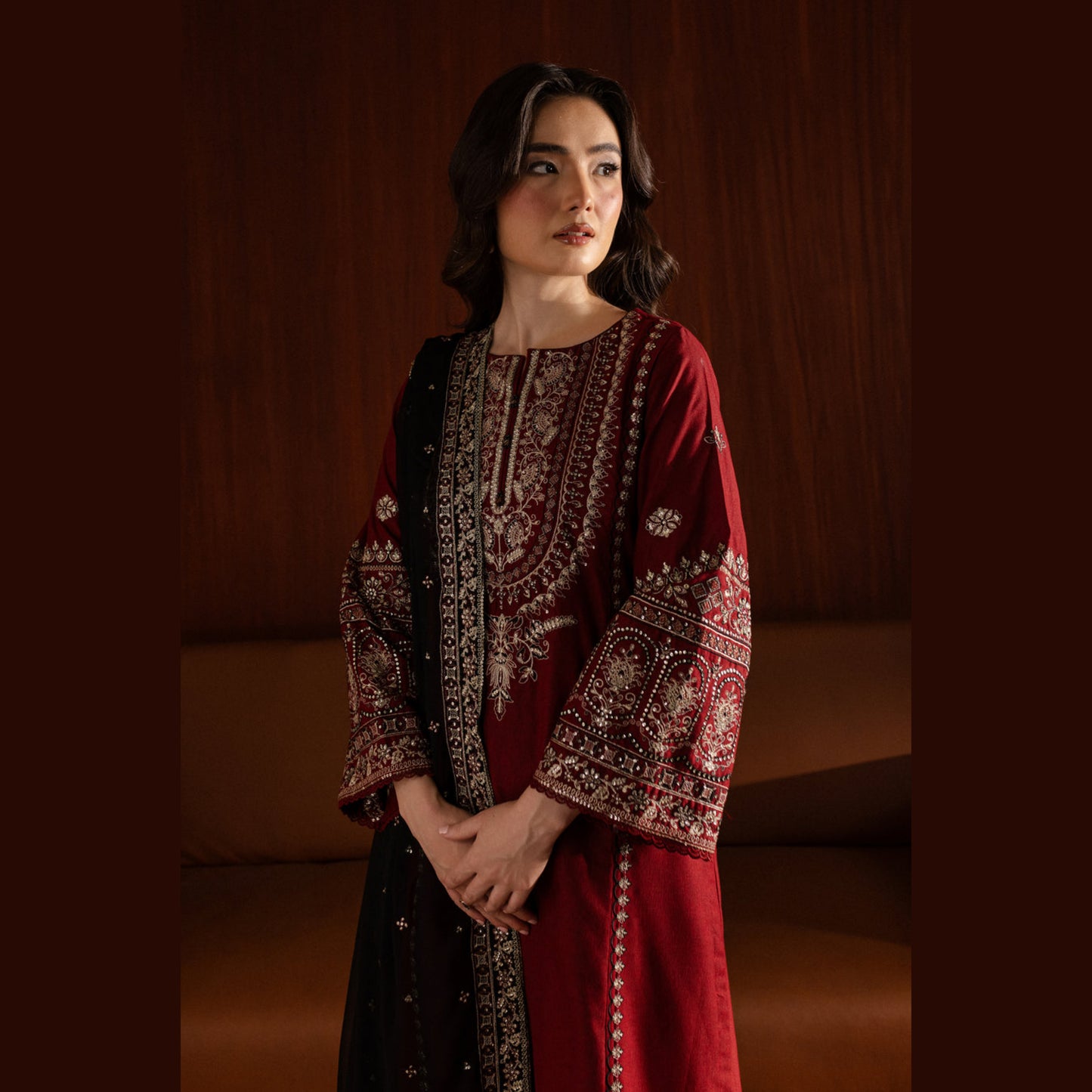 (Maroon) 3 Pc Embroidered Cambric Cotton Collection | Ready to Wear | UMNAA