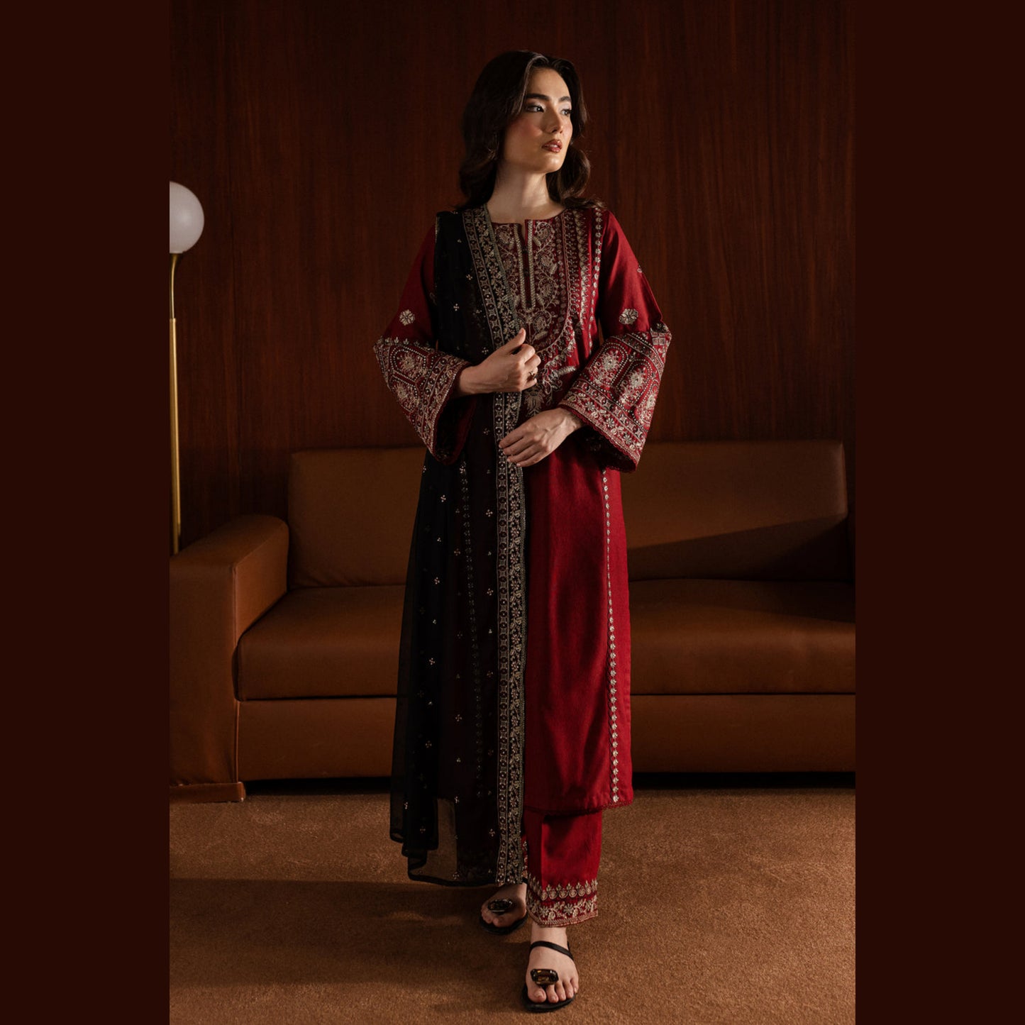 (Maroon) 3 Pc Embroidered Cambric Cotton Collection | Ready to Wear | UMNAA