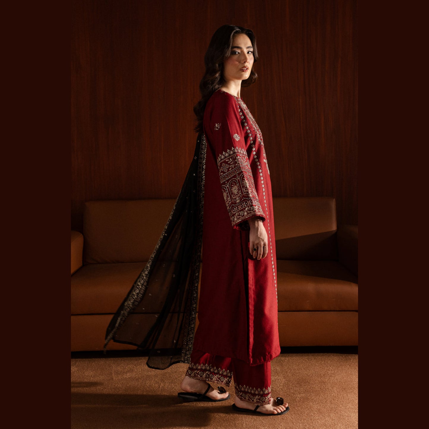 (Maroon) 3 Pc Embroidered Cambric Cotton Collection | Ready to Wear | UMNAA