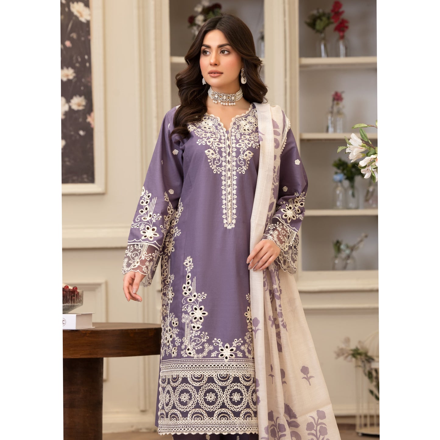 UA-83 Embroidered Cambric Cotton Ready to wear Dress | Umnaa