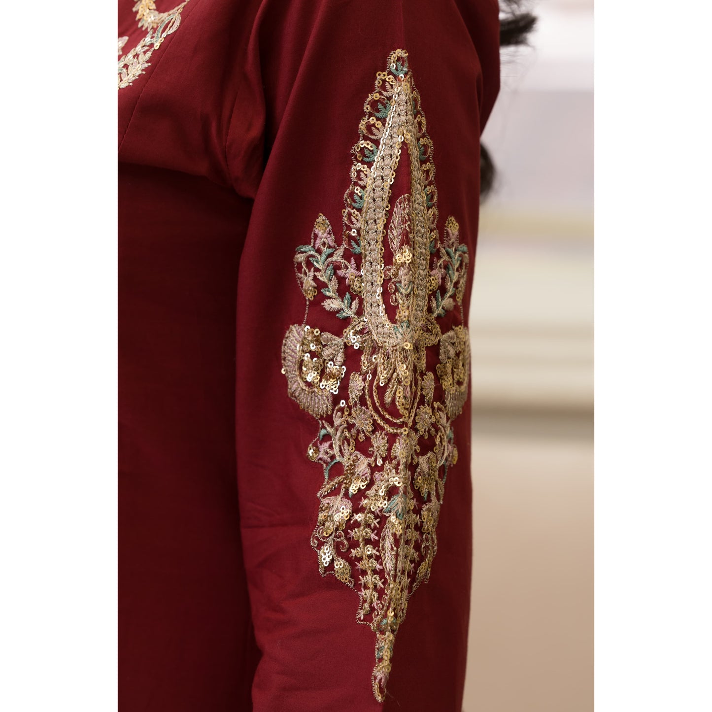 UA-84 (Maroon) Embroidered Cambric Cotton Ready to wear Dress | Umnaa