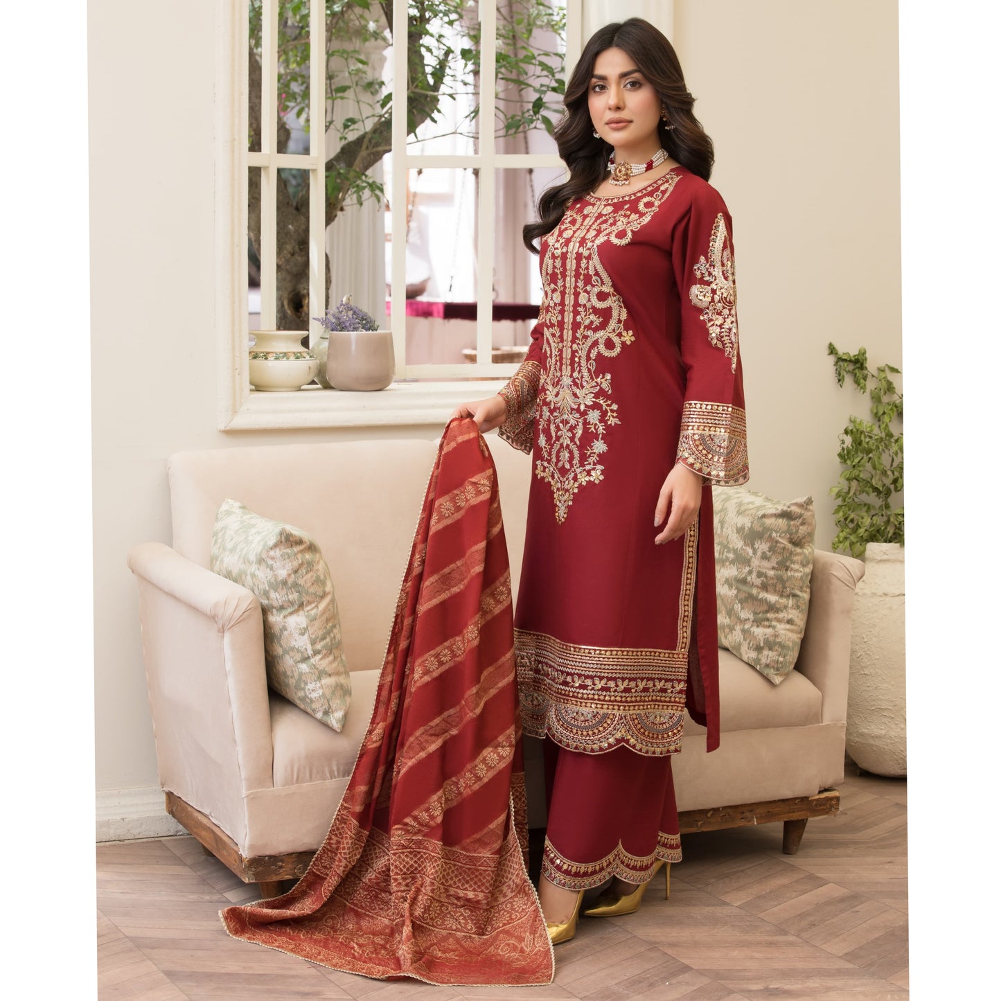 UA-84 (Maroon) Embroidered Cambric Cotton Ready to wear Dress | Umnaa