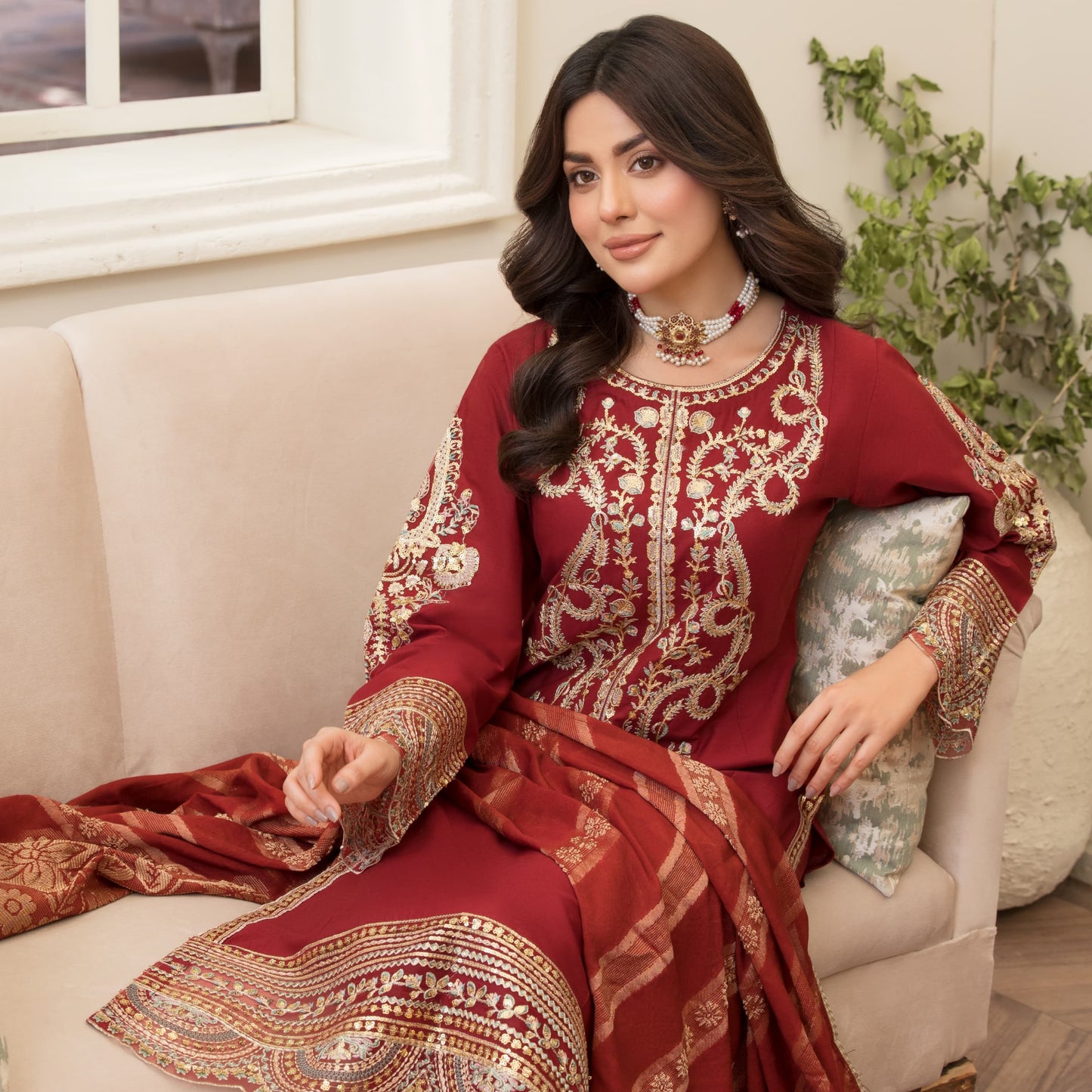 UA-84 (Maroon) Embroidered Cambric Cotton Ready to wear Dress | Umnaa