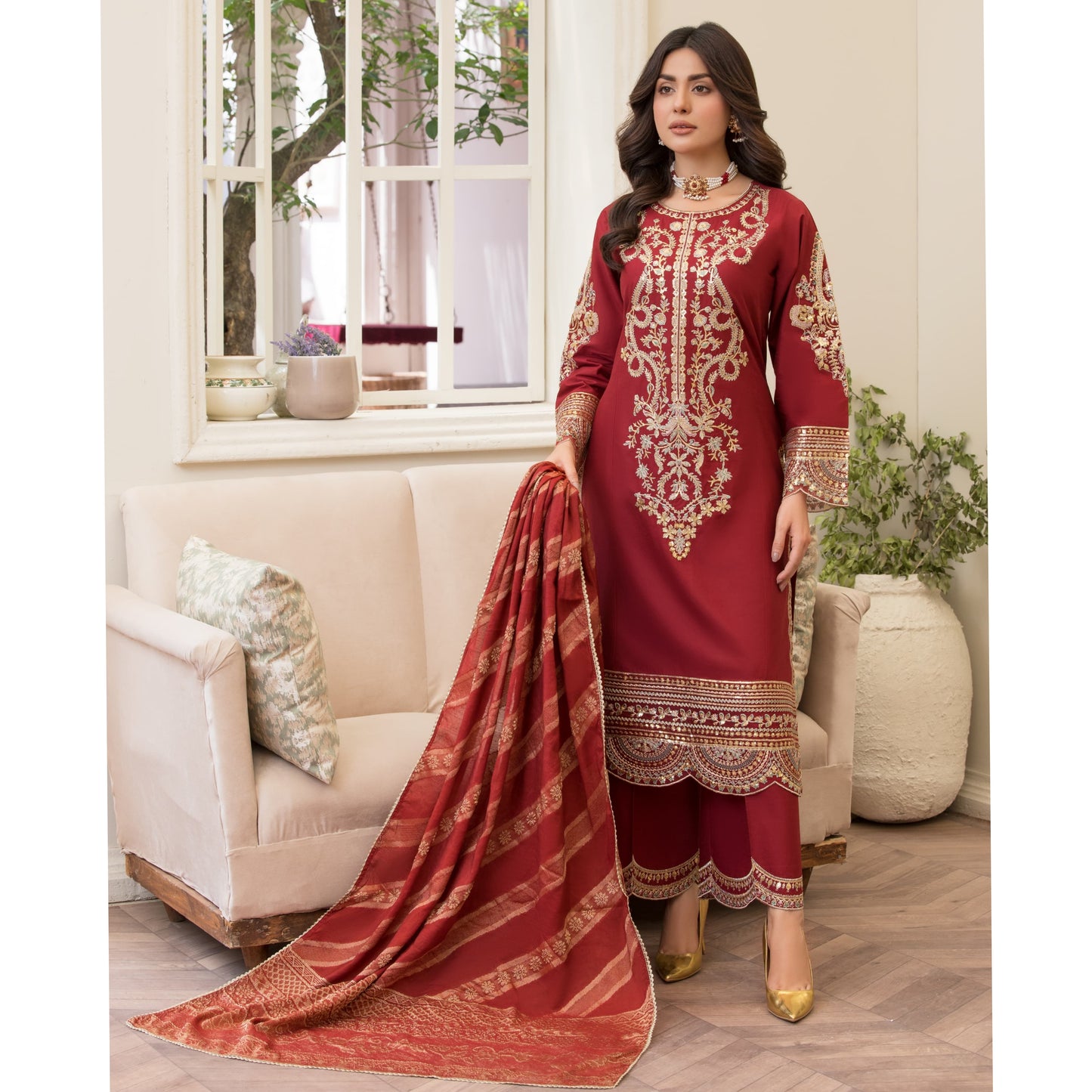UA-84 (Maroon) Embroidered Cambric Cotton Ready to wear Dress | Umnaa
