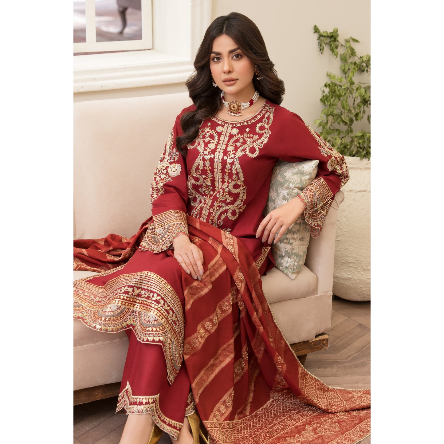 UA-84 (Maroon) Embroidered Cambric Cotton Ready to wear Dress | Umnaa