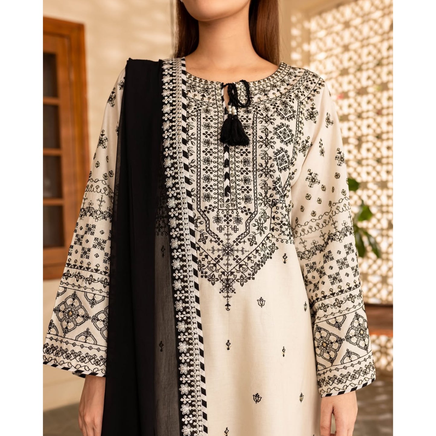 UA-87 (Cream) 3 Pc Embroidered Cambric Cotton Dress | Ready to Wear | Umnaa