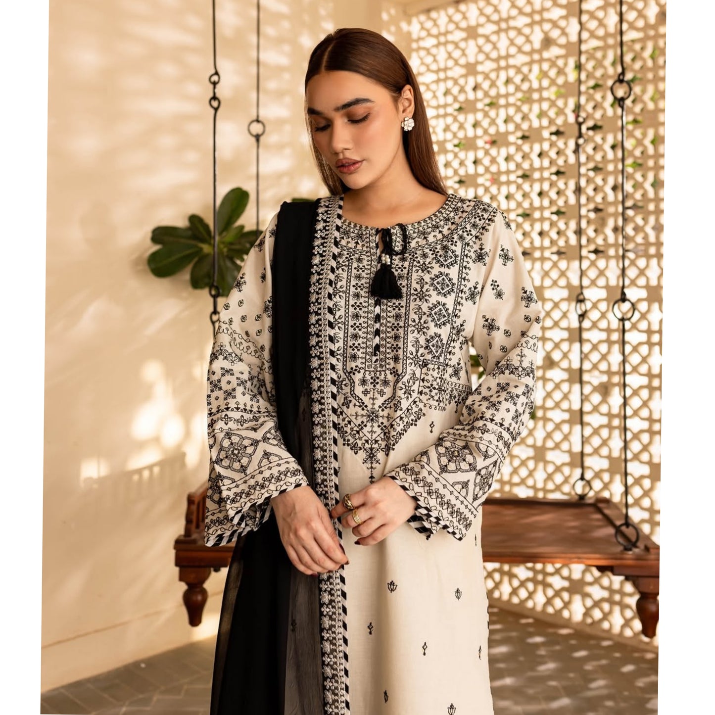 UA-87 (Cream) 3 Pc Embroidered Cambric Cotton Dress | Ready to Wear | Umnaa