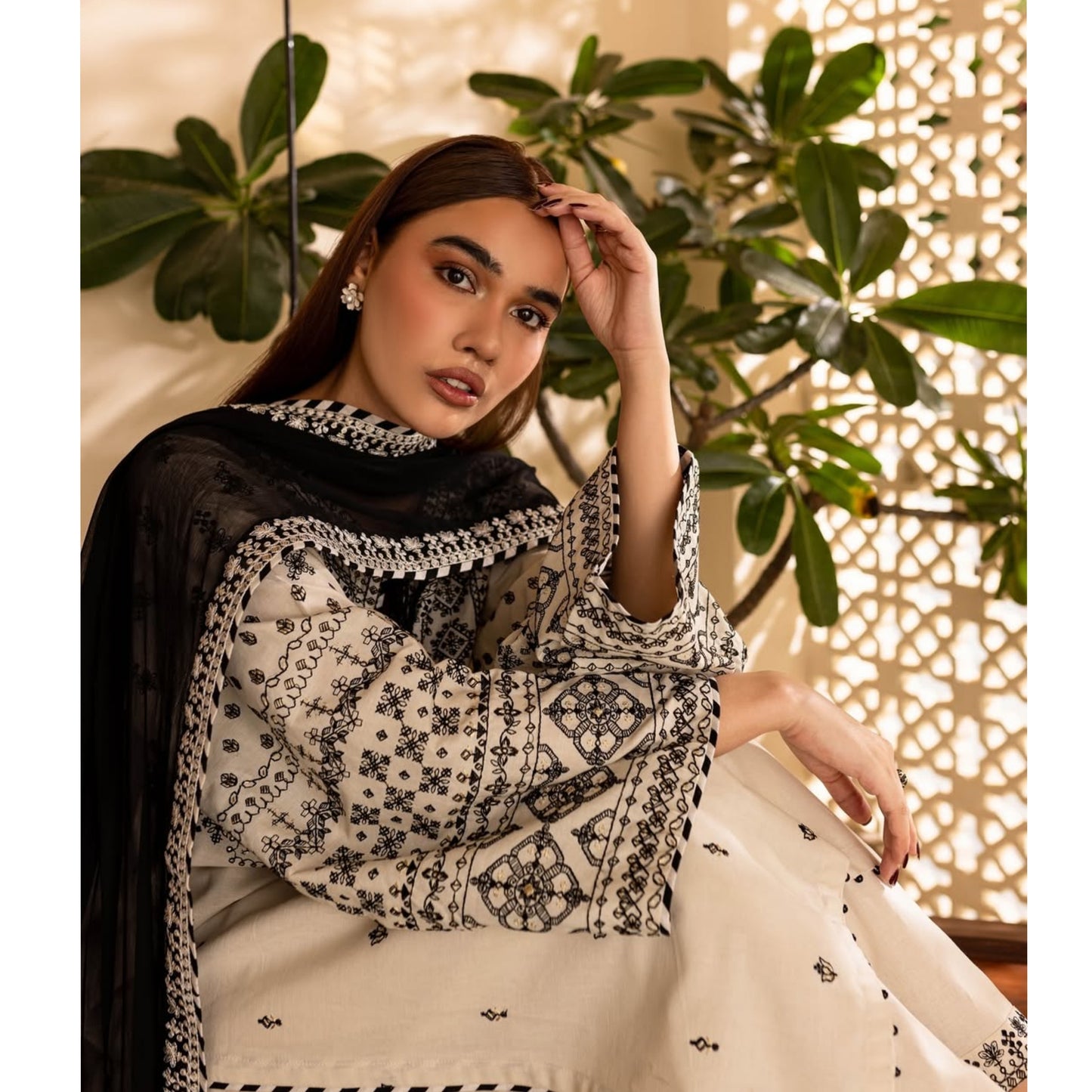 UA-87 (Cream) 3 Pc Embroidered Cambric Cotton Dress | Ready to Wear | Umnaa