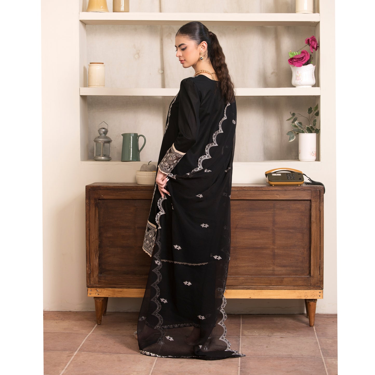 UA-88 (Black) 3 Pc Embroidered Luxury Cambric Cotton Dress | Ready to Wear | Umnaa