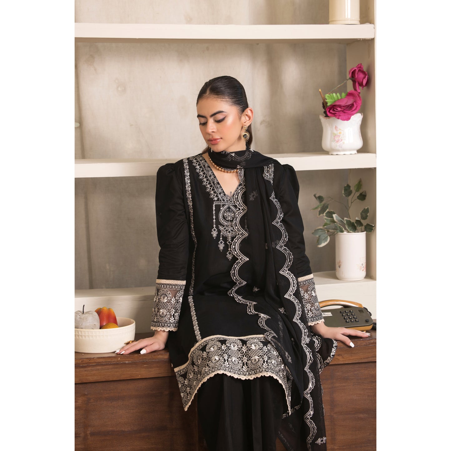 UA-88 (Black) 3 Pc Embroidered Luxury Cambric Cotton Dress | Ready to Wear | Umnaa
