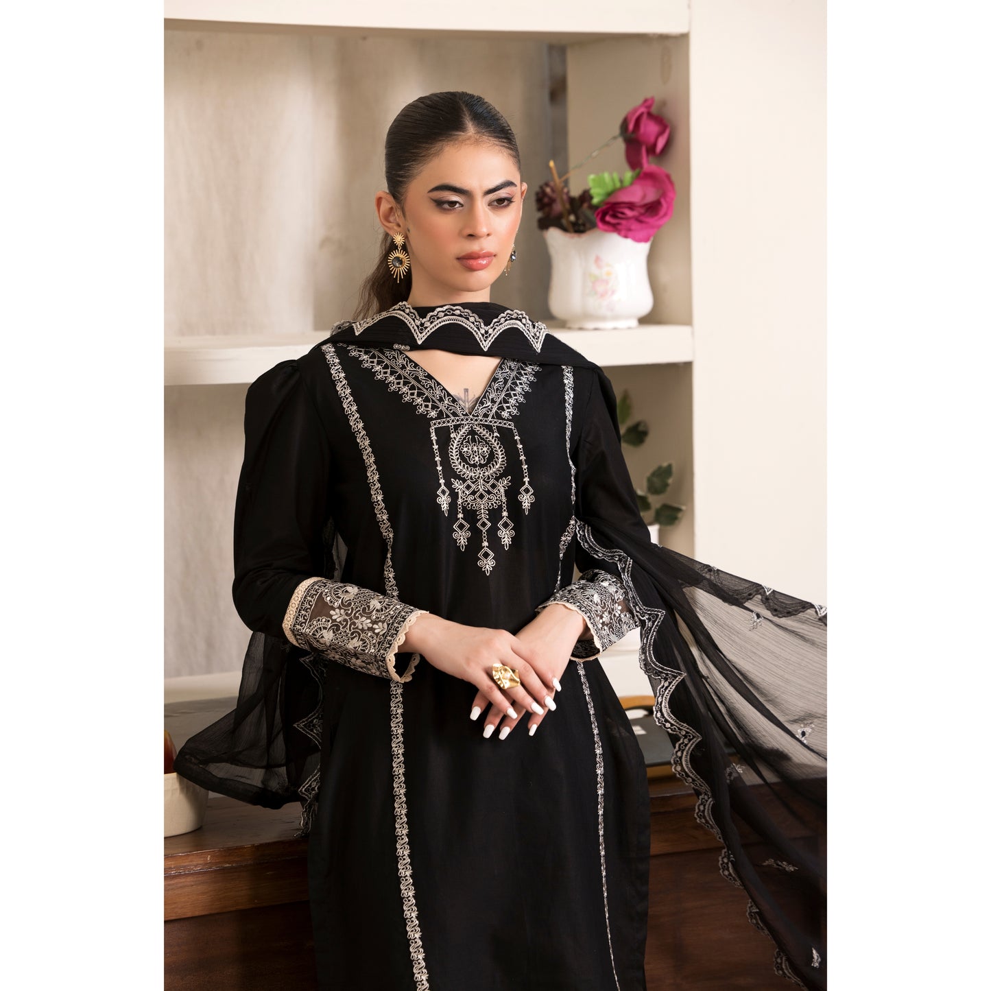 UA-88 (Black) 3 Pc Embroidered Luxury Cambric Cotton Dress | Ready to Wear | Umnaa