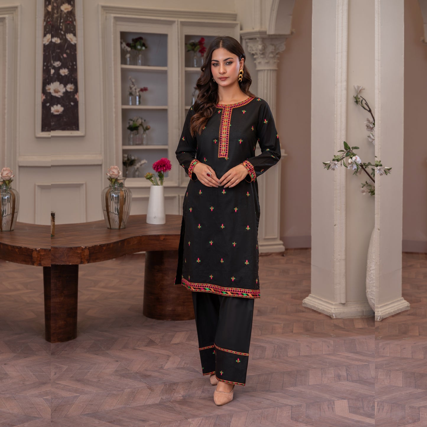 UA-90 (Black) Embroidered Cotton Co-Ords Set | Ready to Wear | Umnaa