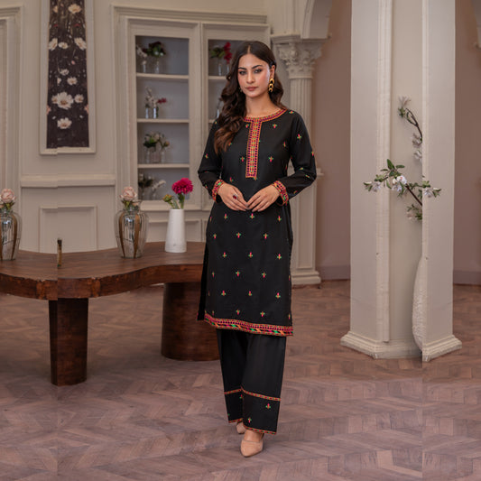 UA-90 (Black) Embroidered Cotton Co-Ords Set | Ready to Wear | Umnaa
