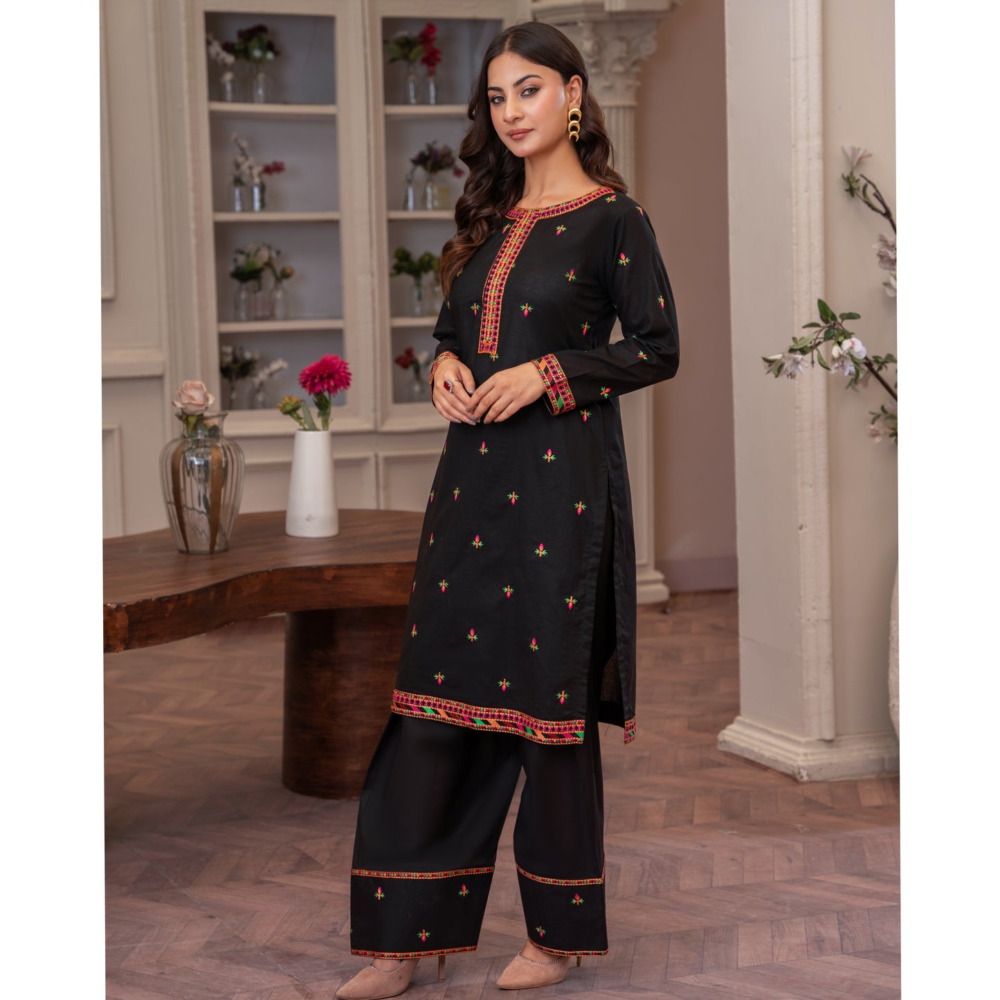 UA-90 (Black) Embroidered Cotton Co-Ords Set | Ready to Wear | Umnaa