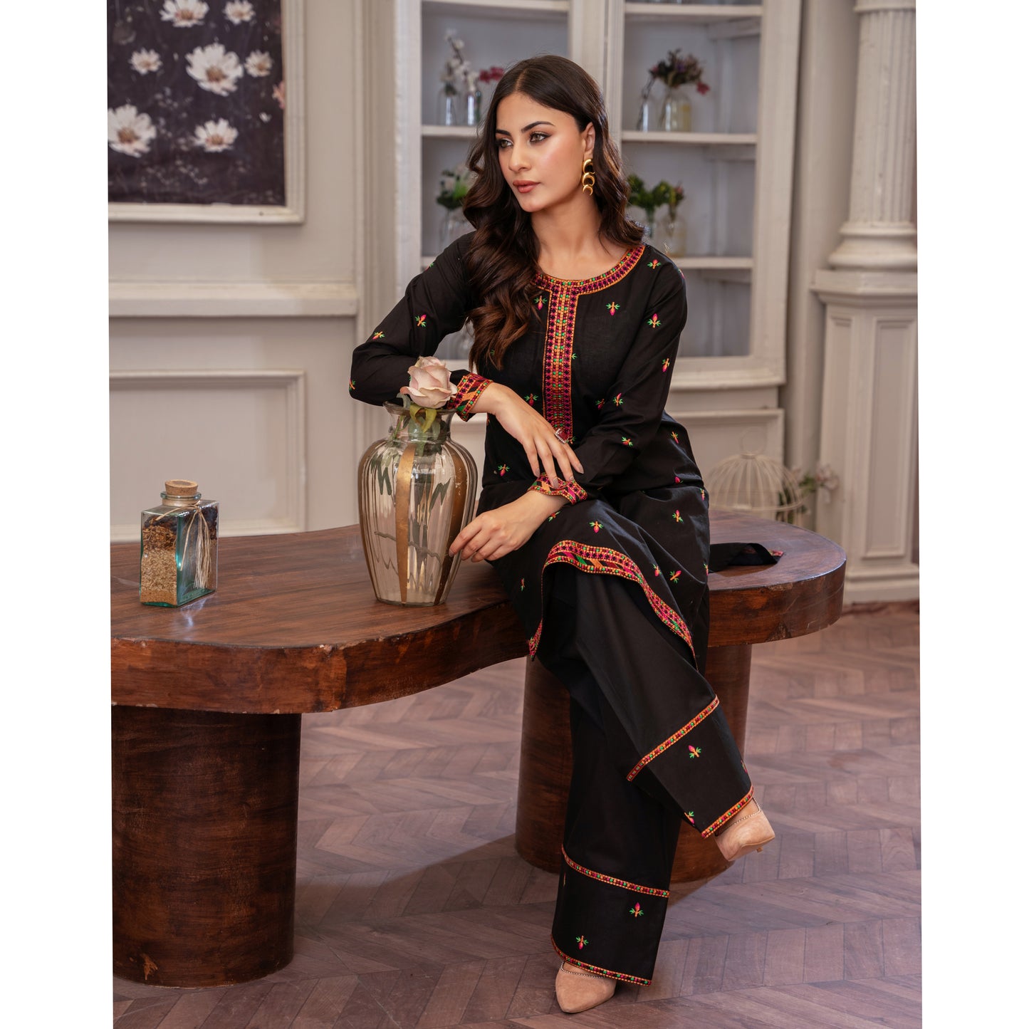 UA-90 (Black) Embroidered Cotton Co-Ords Set | Ready to Wear | Umnaa