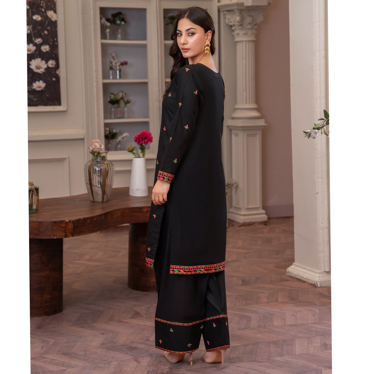 UA-90 (Black) Embroidered Cotton Co-Ords Set | Ready to Wear | Umnaa