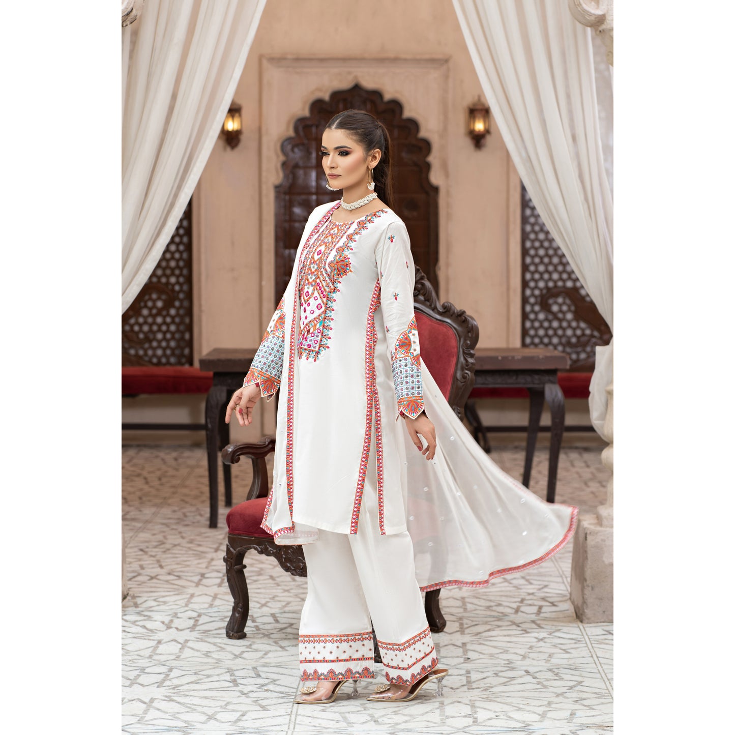 UA-100 (Cream) Embroidered Cambric Cotton 3 Pc Ready to Wear Dress by Umnaa