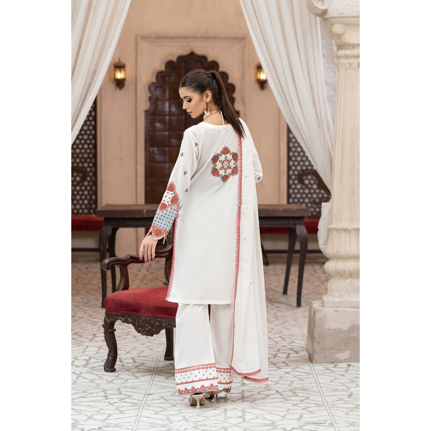 UA-100 (Cream) Embroidered Cambric Cotton 3 Pc Ready to Wear Dress by Umnaa
