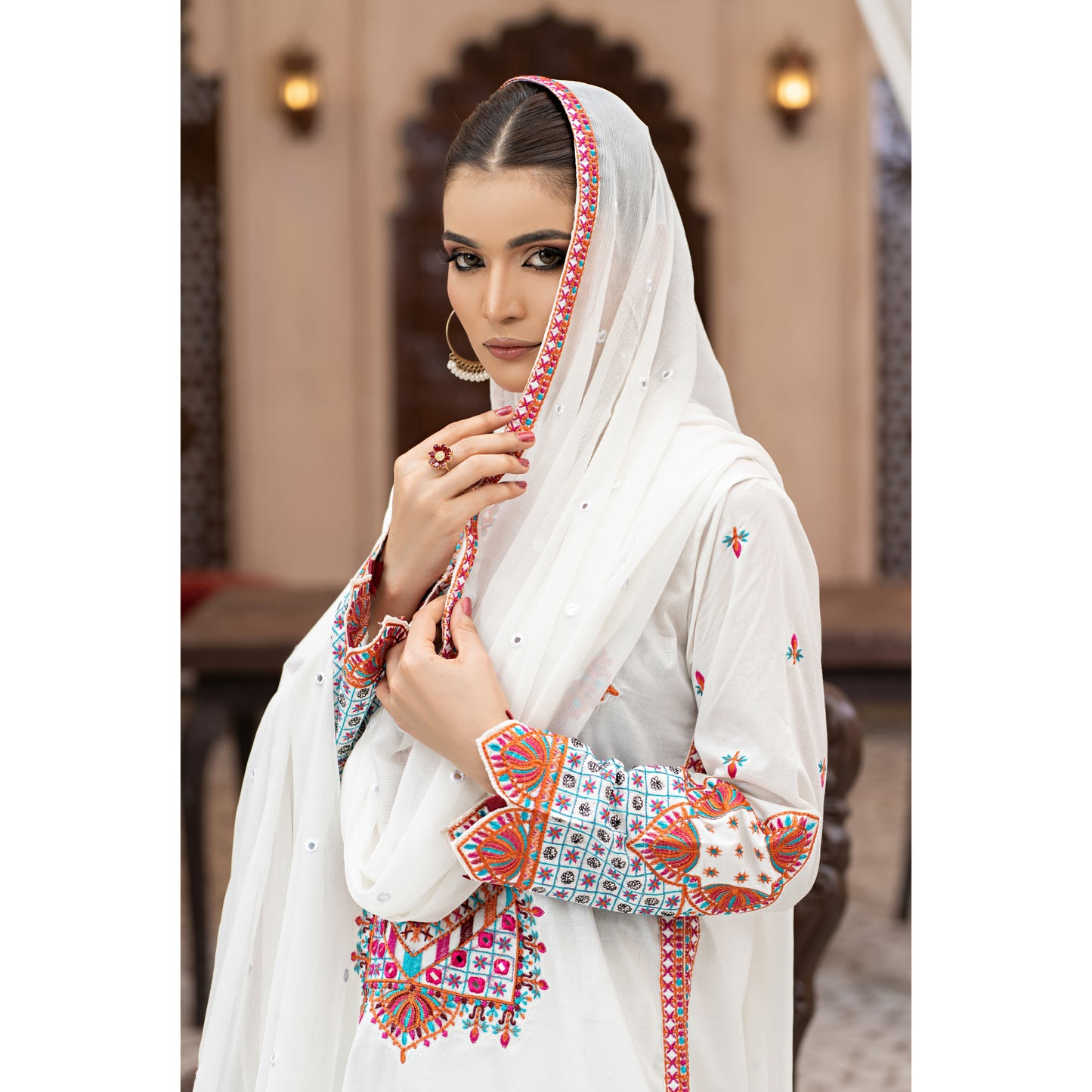 UA-100 (Cream) Embroidered Cambric Cotton 3 Pc Ready to Wear Dress by Umnaa