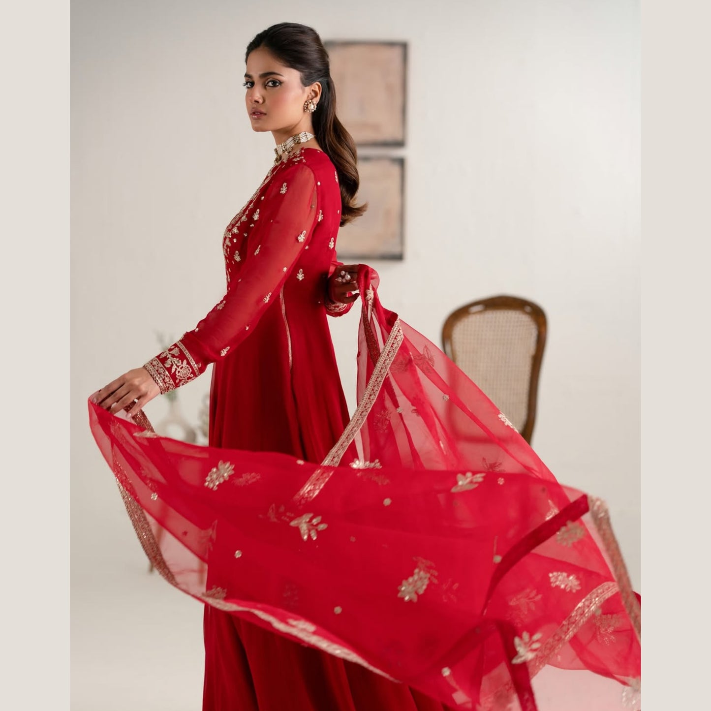 UA-105 Luxury Embroidered Chiffon Long Frock Dress by Umnaa