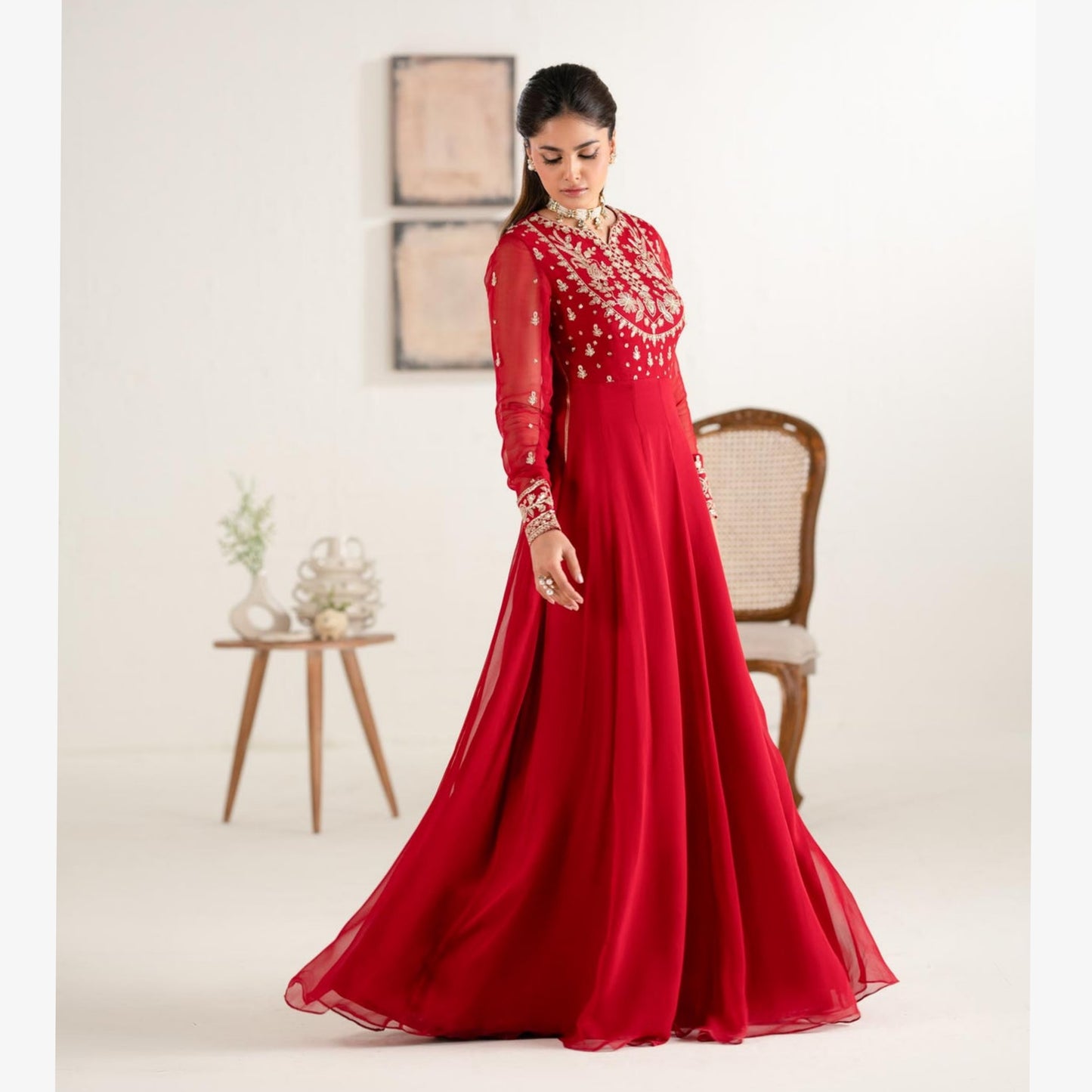 UA-105 Luxury Embroidered Chiffon Long Frock Dress by Umnaa