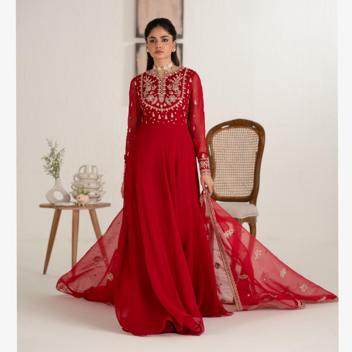 UA-105 Luxury Embroidered Chiffon Long Frock Dress by Umnaa
