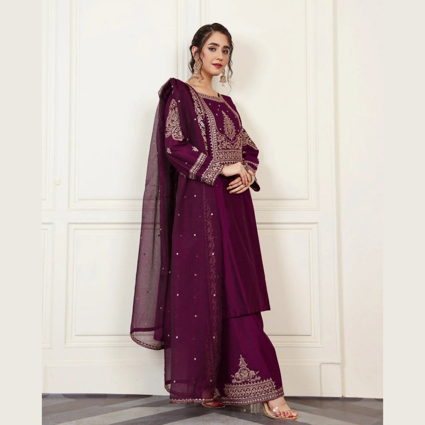 USP-05 Luxury Tilla Embroidered 3-Piece Suit with Organza Dupatta | Chambray Katan Party Wear by Sha Posh