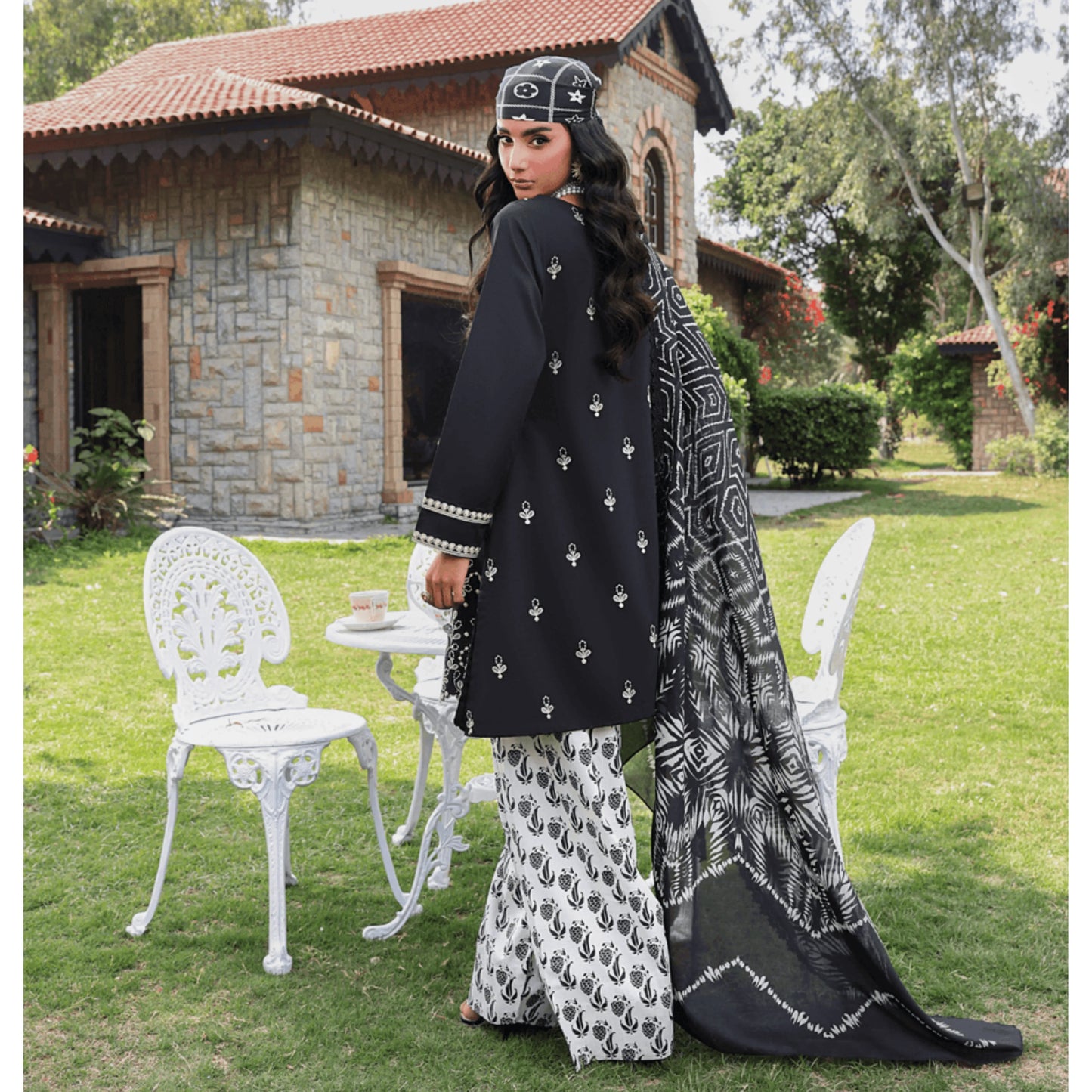 UHE-57 (Black & White) trendy Farshi Shalwar Embroidered Cambric Cotton Embroidered Dress | Ready to Wear | Heera's