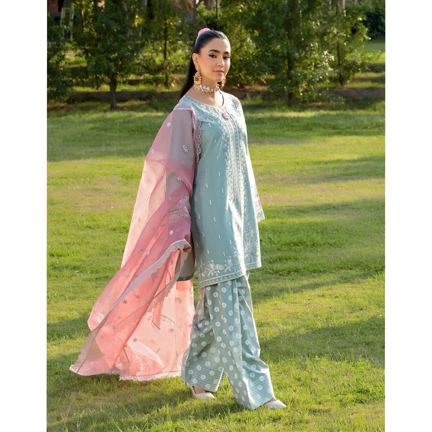 UHE-52 (Light pistachio) 3 Pc Embroidered Cambric Cotton trending Farshi Shalwar ready to wear Dress | Summer Wear | Heera's
