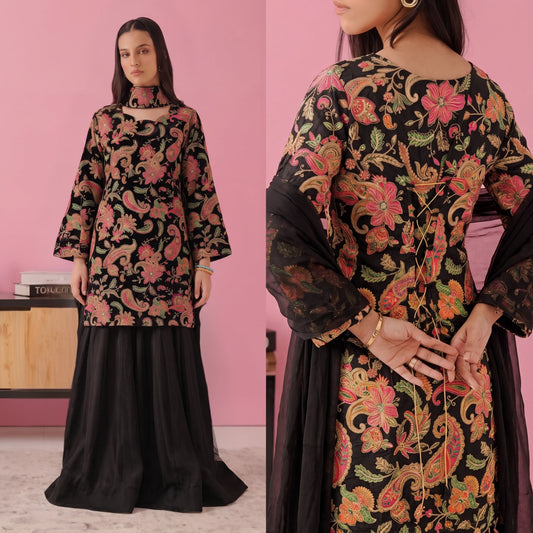 UA-244 Trendy Indian Armani Silk 3 Piece Suit by Umnaa | Embroidered Kameez with Shamoos Silk Bengali Shararah & Chiffon Dupatta | Festive & Party Wear