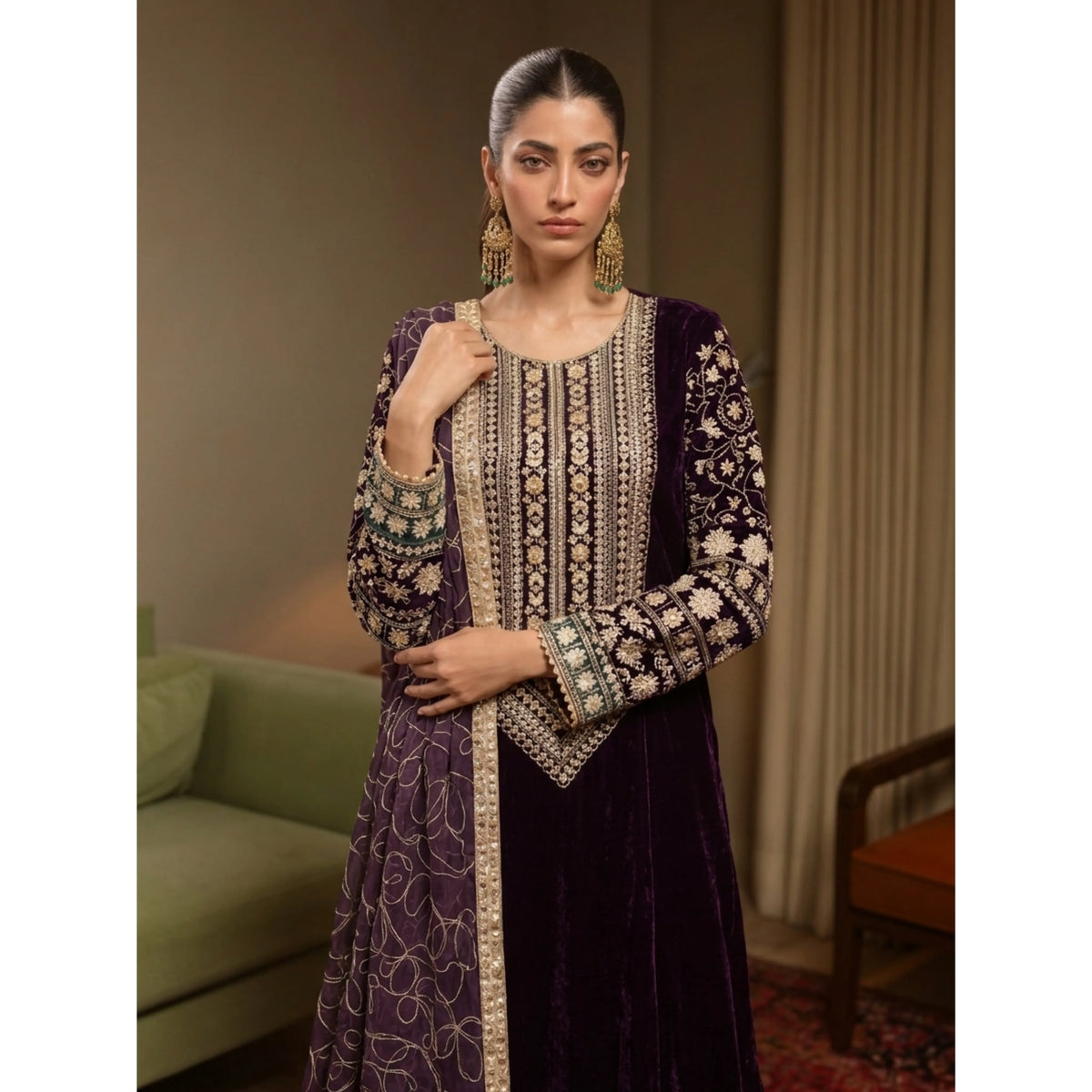 UA-324 Embroidered Velvet Kaftan 3 Pc | Umnaa