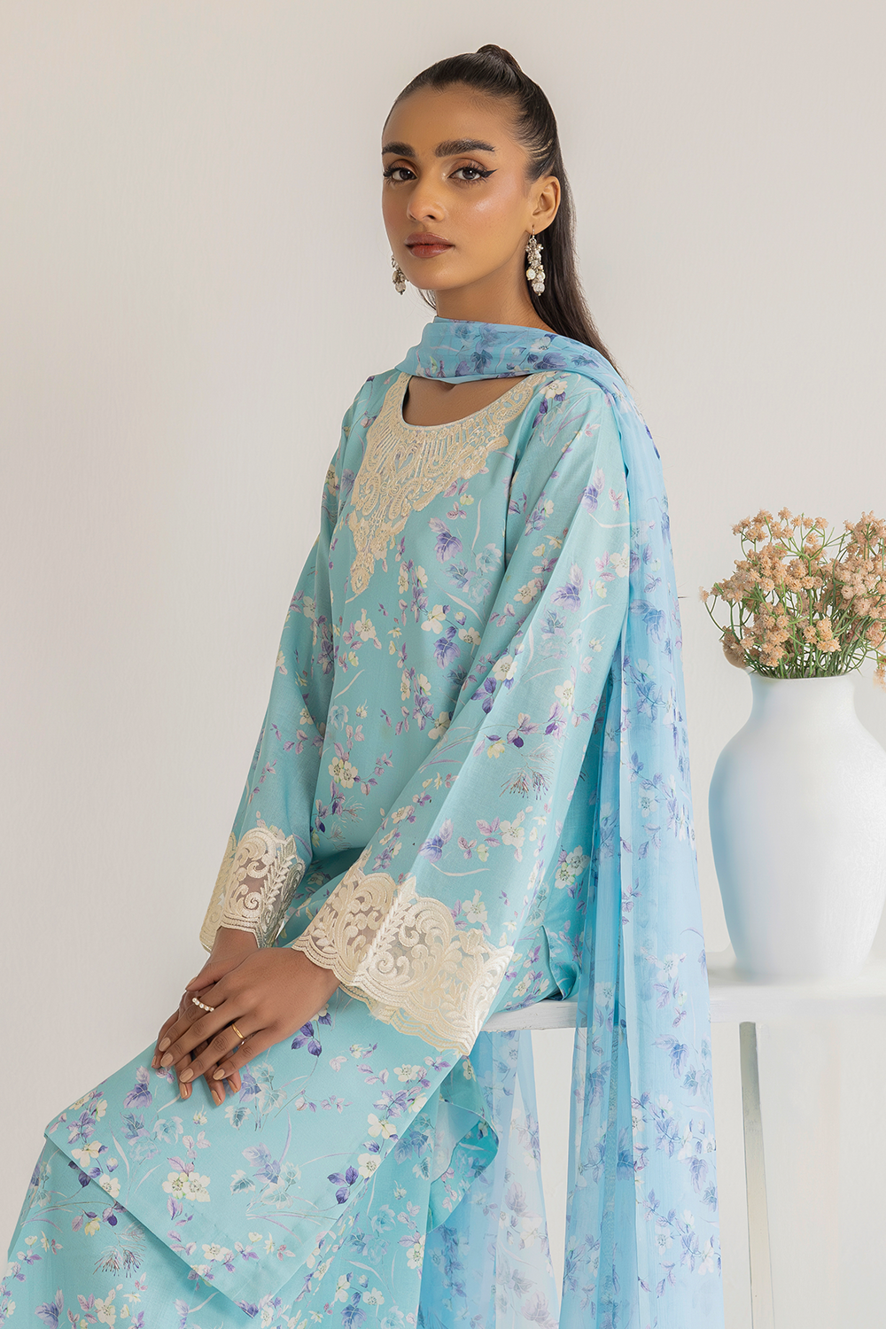 (Ice Blue) 3 Piece "Dastaan" Embroidered Lawn Dress - Esra Fashion