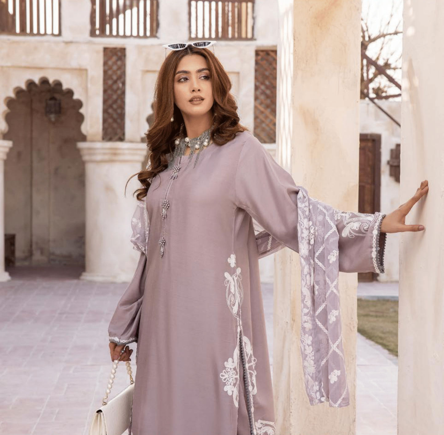 Tea Pink 3 Piece "Khoobsurat" Embroidered Linen by Simrans
