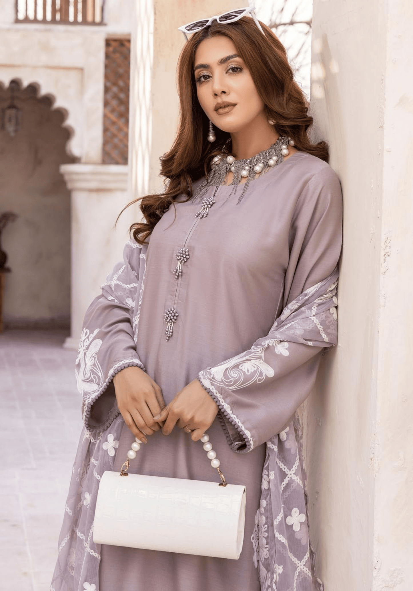 Tea Pink 3 Piece "Khoobsurat" Embroidered Linen by Simrans