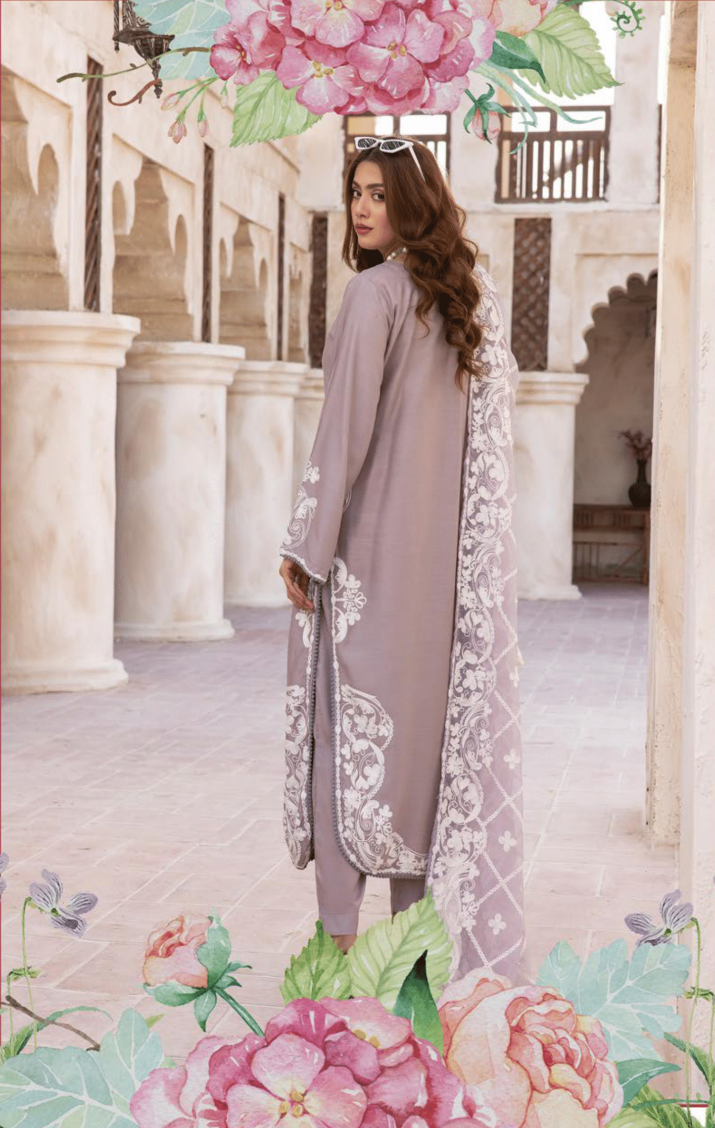 Tea Pink 3 Piece "Khoobsurat" Embroidered Linen by Simrans