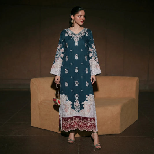 UTT-23 Embroidered Viscose Linen Kaftan Style 2 Piece Co Ord Set Collection by Traditional Thread