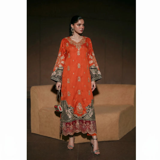 UTT-23 Embroidered Viscose Linen Kaftan Style 2 Piece Co Ord Set Collection by Traditional Thread