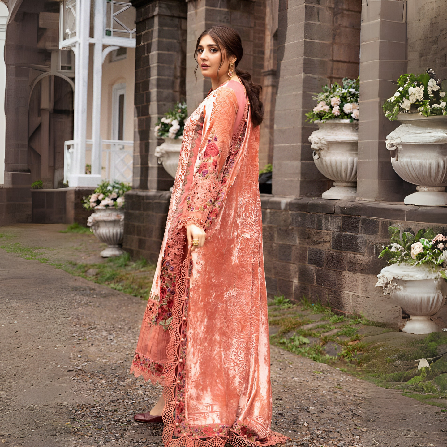 (Peach Pink) Embroidered Luxury Velvet Palachi Dress | 3 Pc | Winter Collection | MARIA.B