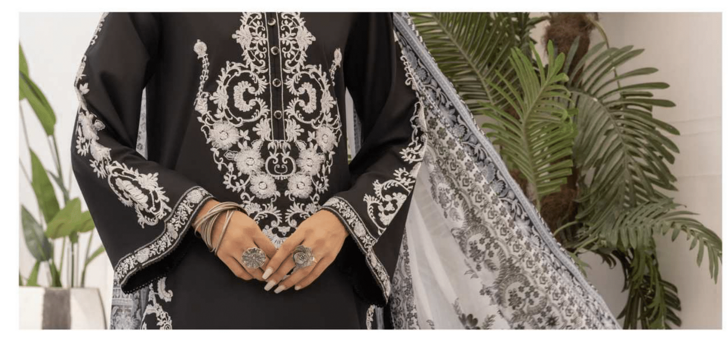 Monochrome 3 Pc Embroidered Cotton Lawn Dress - Casuallite