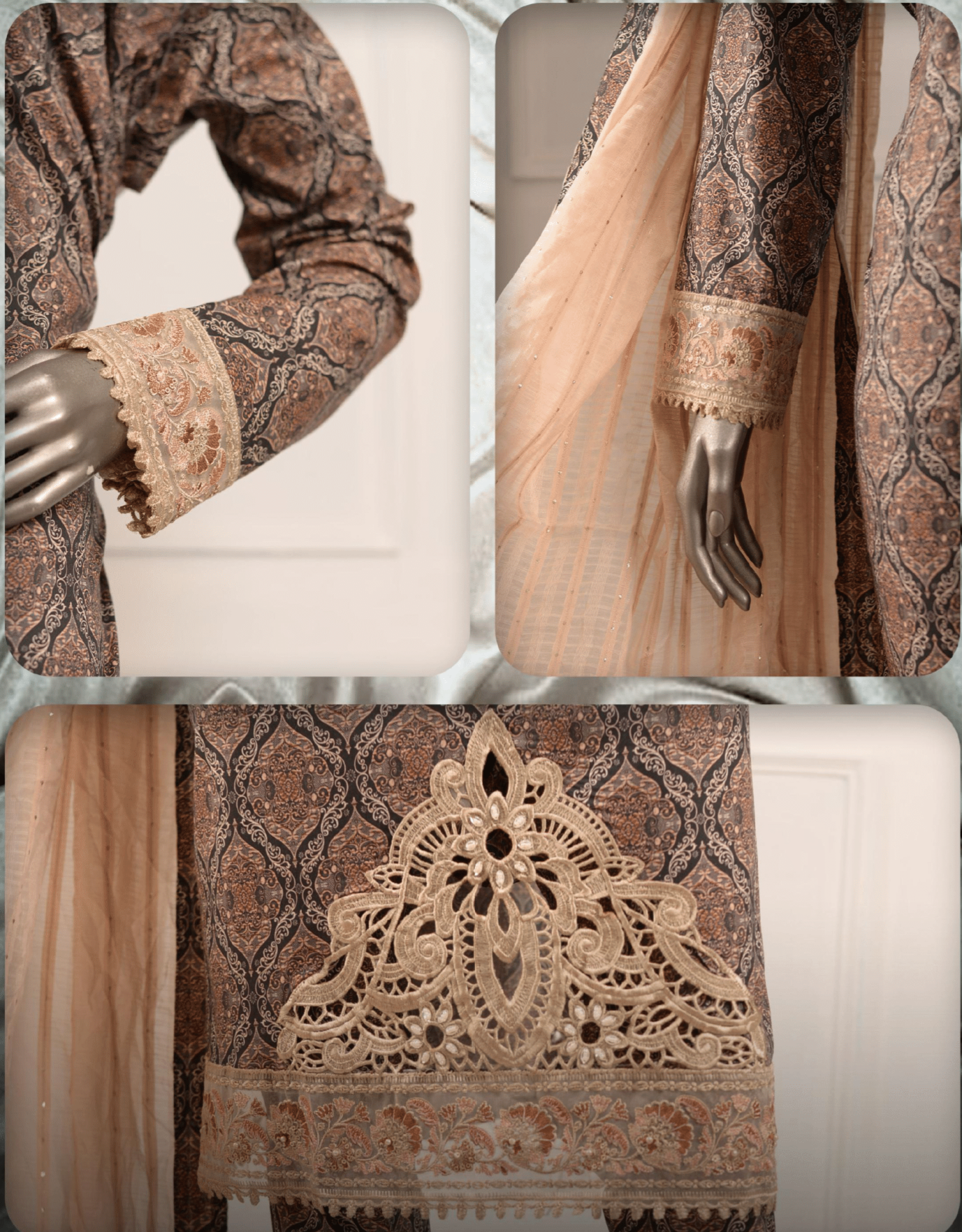 (Brown) 3 Pc Embroidered Printed Lawn Dress (RIVAAJ)