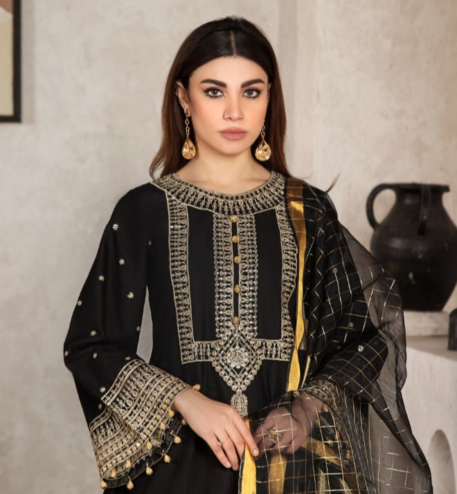 Black 3 Pc Cambric Cotton Embroidered Dress - Heera's