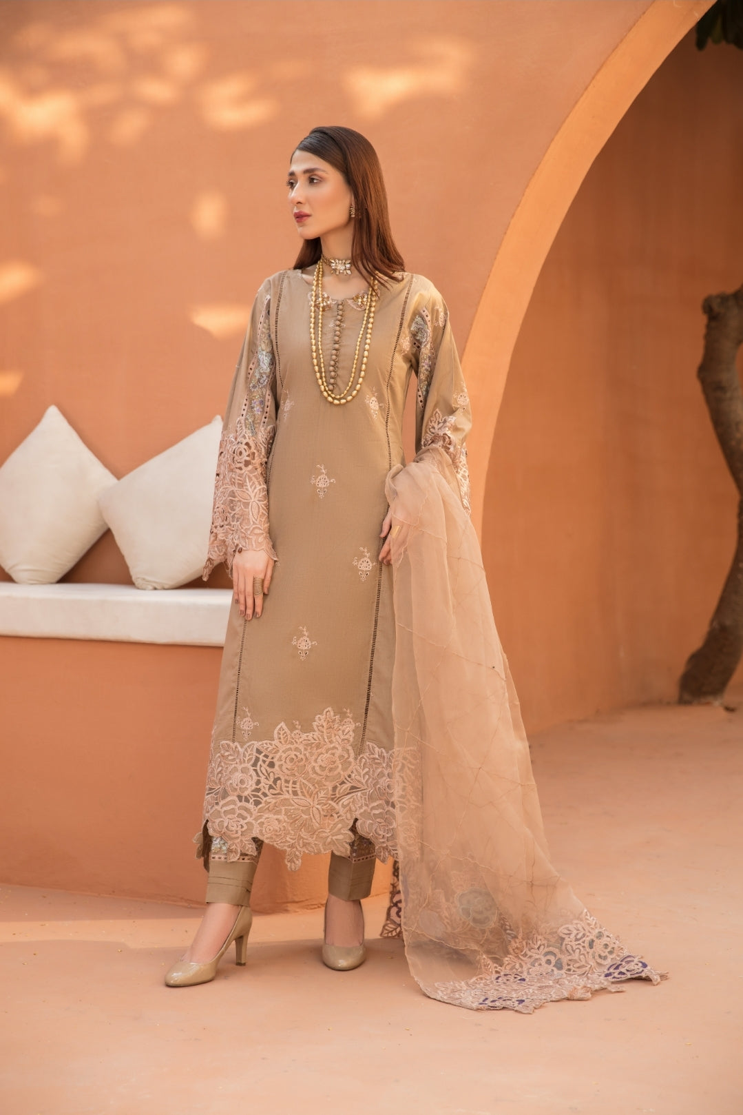 (CARAMEL) 3 Pc "NAKHRA" Embroidered Luxury Lawn By Simrans